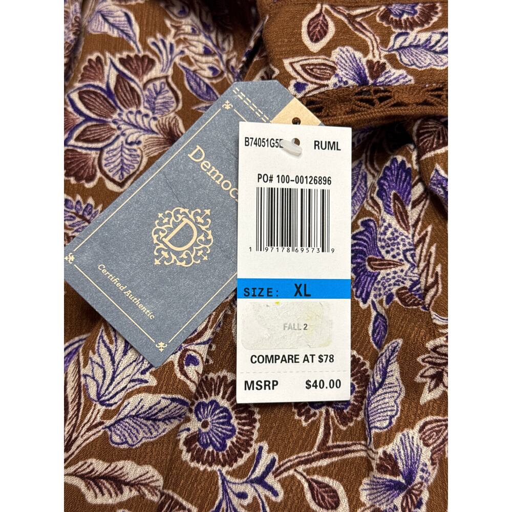 NWT Democracy XL Top Long Sleeve Button Up Brown Cream Purple Floral Lace Accent - Picture 6 of 6